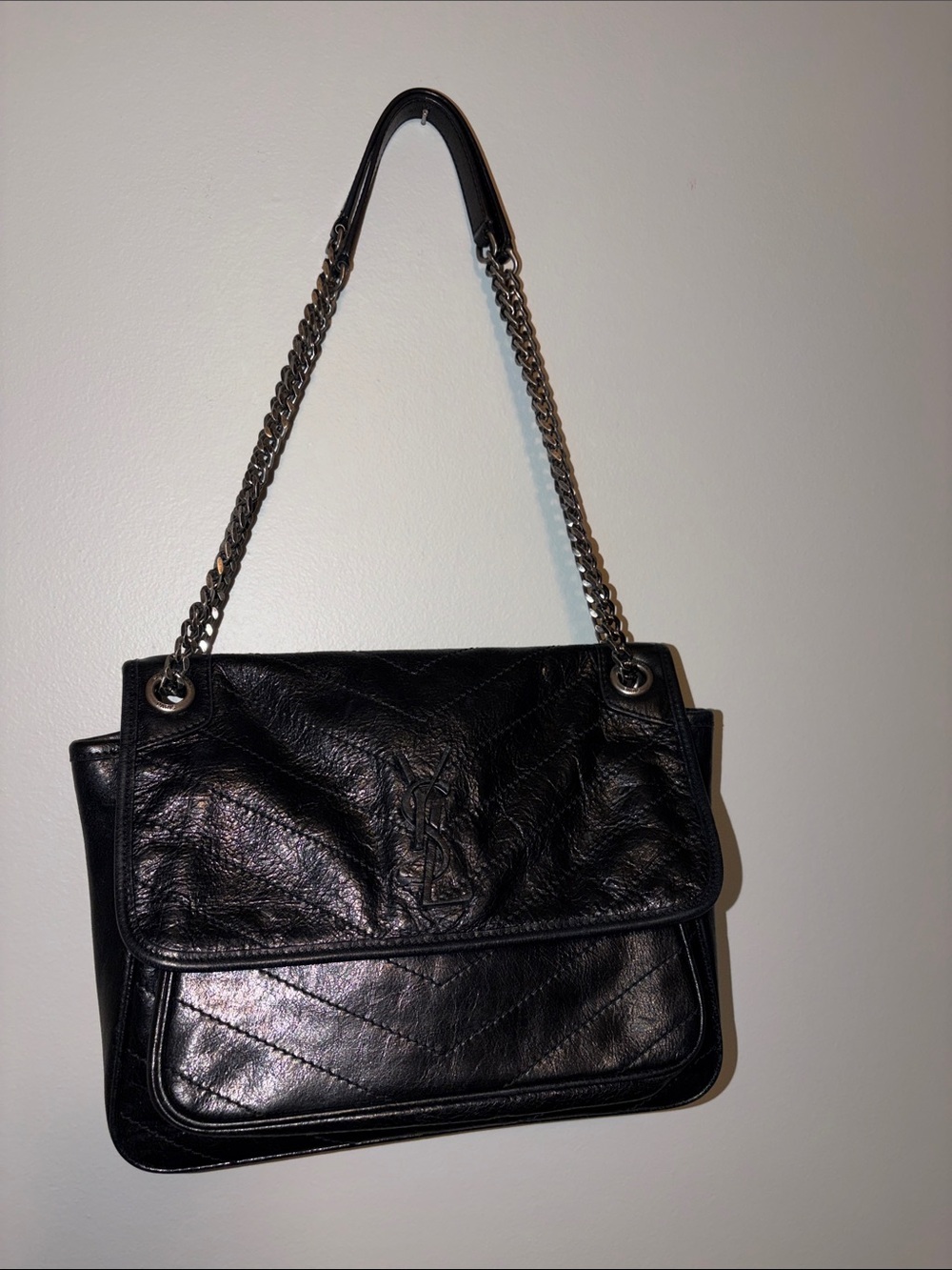 Black Leather Chain-Handle Shoulder Bag